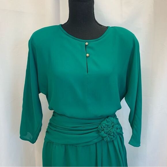 VINTAGE Emerald Green wrap skirt ruched waist dress - Picture 3 of 14